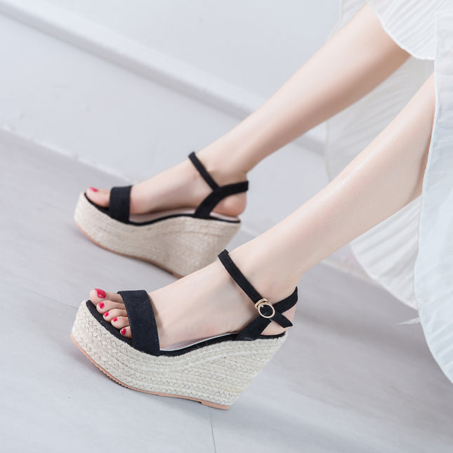 Open Toe Ankle-strap Buckle Wedge Woven Sandals