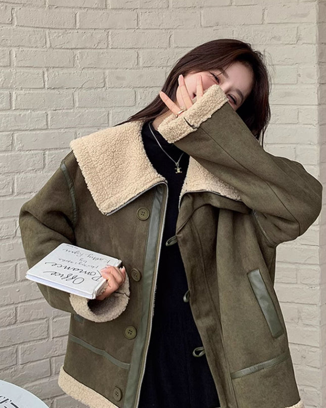 Women's Korean-style Retro Green Suede Lambswool Coat