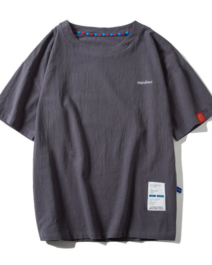 Chinese Men's Letter Embroidery Loose Half Sleeve Cotton Linen Short Sleeve
