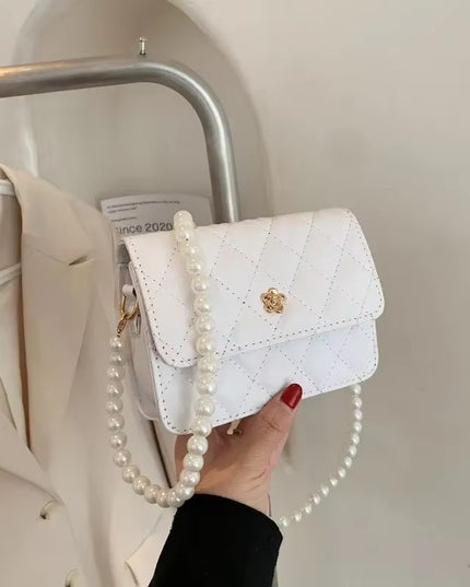 New Diamond Grid Pearl Chain Women's Cross-body Bag