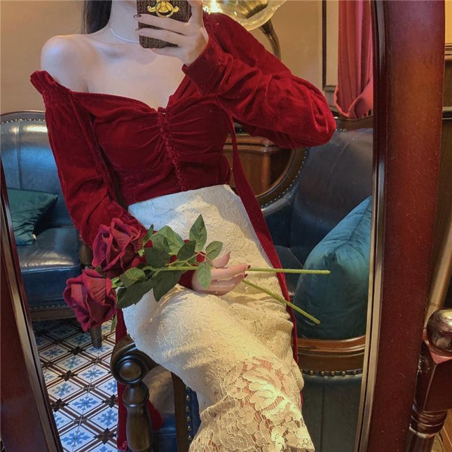 French Palace Style Red Shirt Women Autumn And Winter Style Self-cultivation