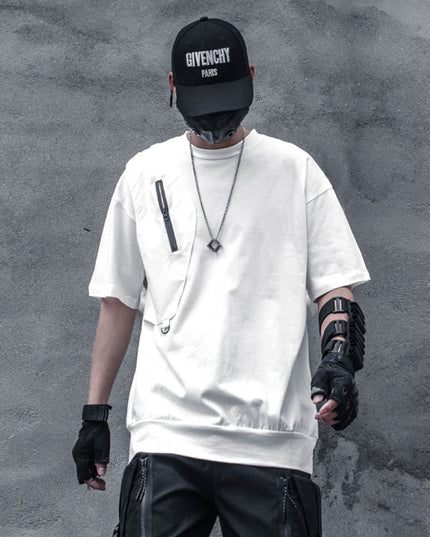 Fashionable Stitching Functional Zipper Short Sleeved T-shirt