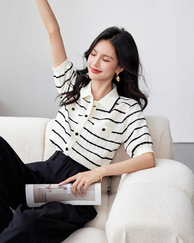 Elegant Polo Collar Striped Women's Contrast Colors Slimming Knitted Short Sleeve