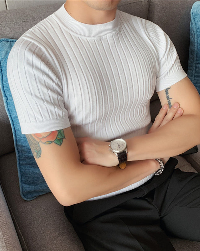 Thin Solid Color Half Turtleneck Dark Stripe Knit Short Sleeves