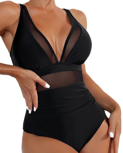 Pure Color Mesh Halter Bikini One-piece Swimsuit