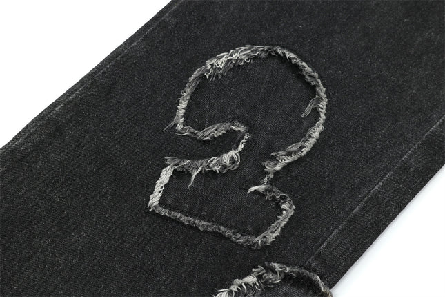 Men's Digital Cat Beard Affixed Cloth Embroidered Washed Jeans