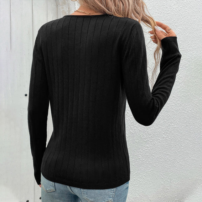European And American Fall Women's Clothing Sunken Stripe V-neck Black Sweater For Women