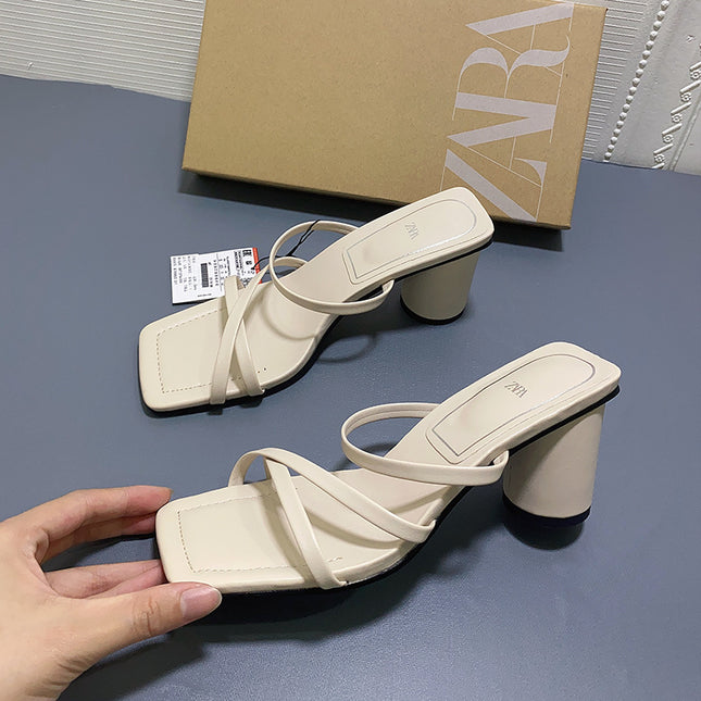 Square Toe High-heeled Sheep Leather Sandals