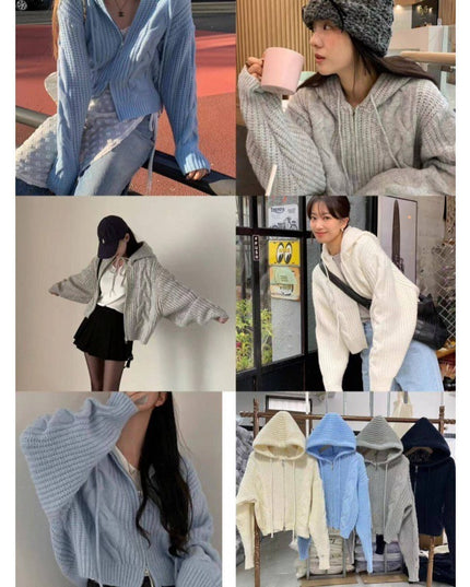 Loose And Idle Twist Hooded Double-headed Zipper Design Sweater Cardigan Coat