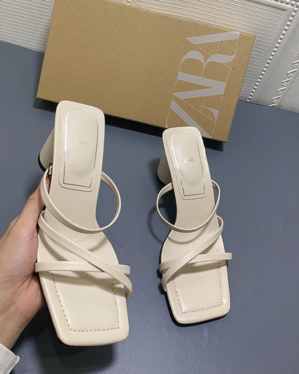 Square Toe High-heeled Sheep Leather Sandals
