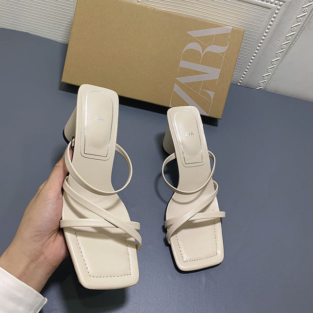 Square Toe High-heeled Sheep Leather Sandals