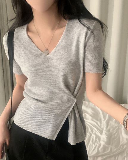 Summer Elegant V-neck Split Waist Fitted Short-sleeved Sweater