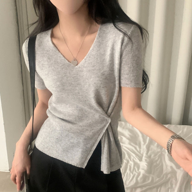 Summer Elegant V-neck Split Waist Fitted Short-sleeved Sweater
