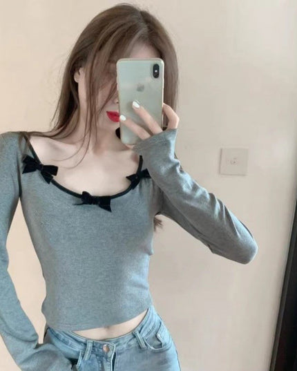 Bowknot Shoulder Low-neck Slim Fit Warm Top