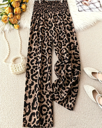 Leopard Print Floral Print Casual Jumpsuit Elastic Waist Loose Wide Leg Pants