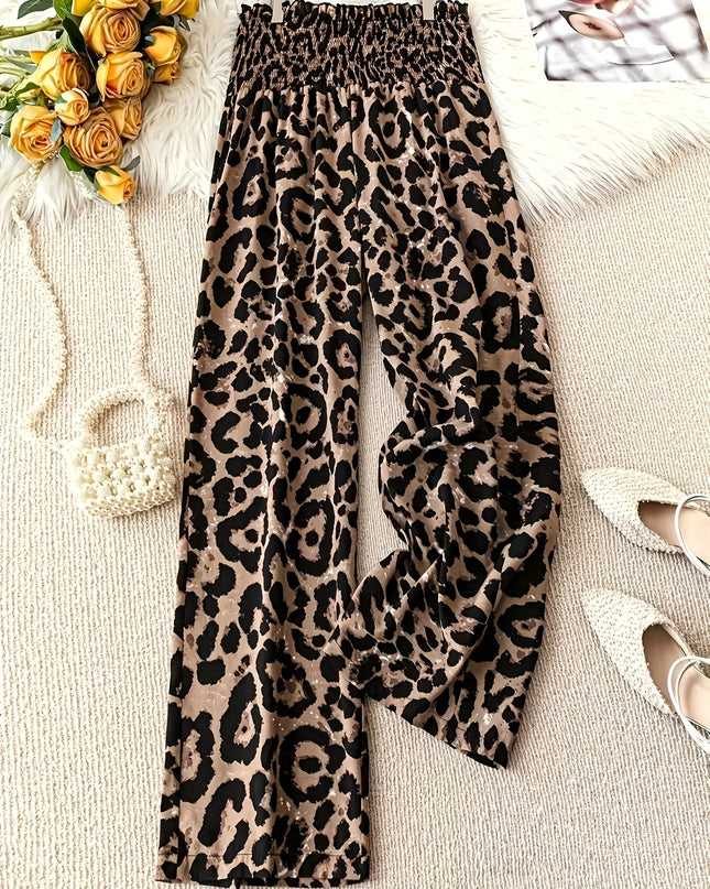 Leopard Print Floral Print Casual Jumpsuit Elastic Waist Loose Wide Leg Pants