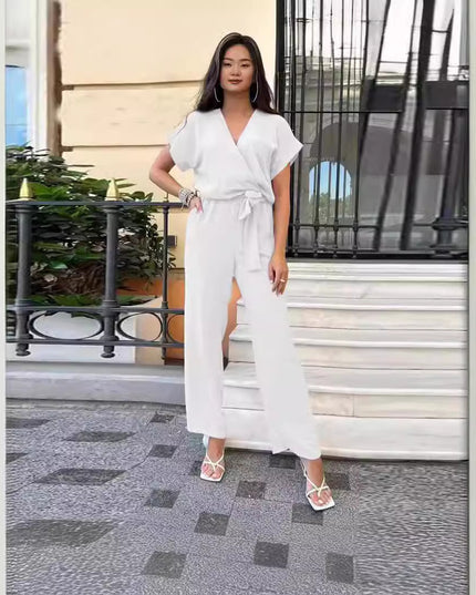 Women's Short-sleeved V-neck Pocket Jumpsuit