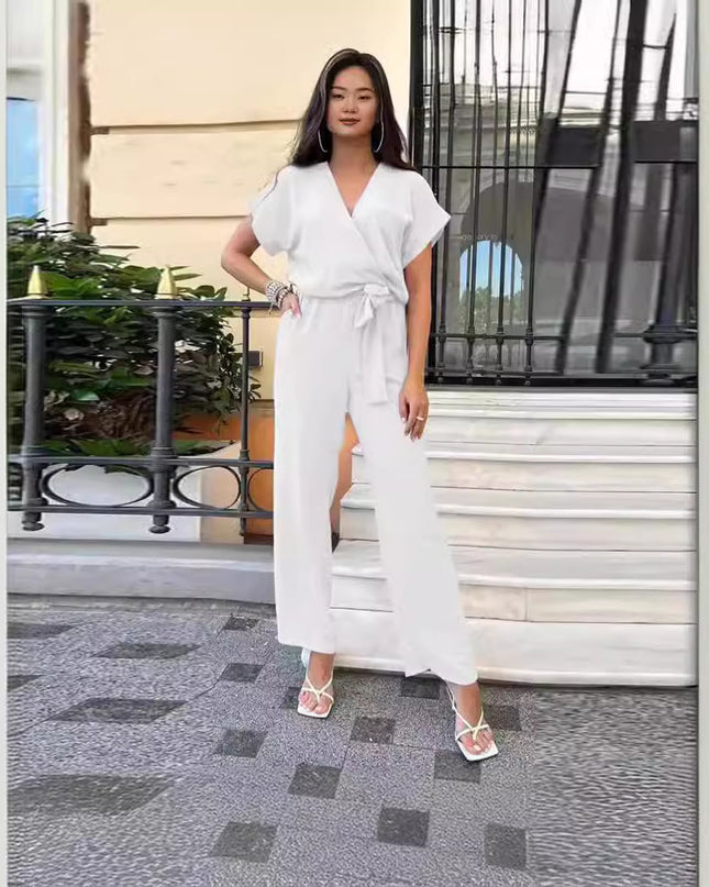 Women's Short-sleeved V-neck Pocket Jumpsuit