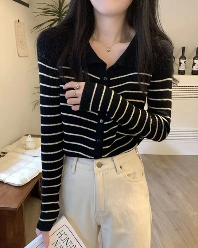 Women's Black And White Autumn Striped Sweater Top