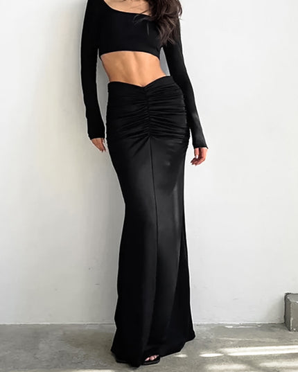 French Fishtail Skirt Black Pleated Sheath Dress Design Sense