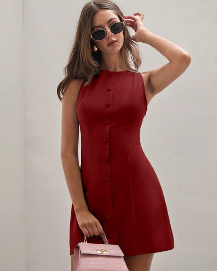 Women's Solid Color Temperament Breasted Sleeveless Dress