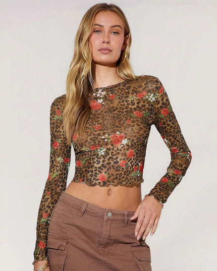 Leopard Print Flower Printed Mesh Round Neck Short Long-sleeved
