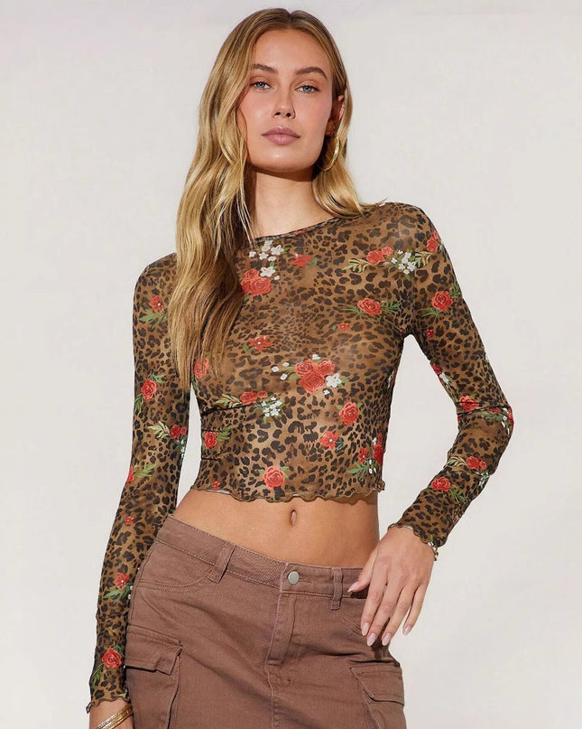 Leopard Print Flower Printed Mesh Round Neck Short Long-sleeved