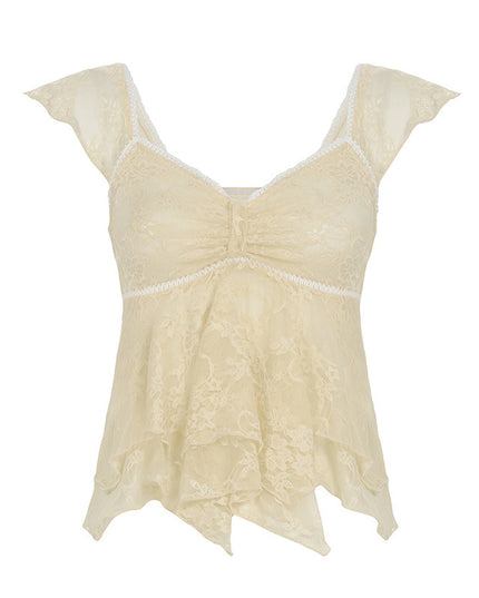Pure Desire Style Lace Ruffled A Swing Top V-neck Sexy Slimming