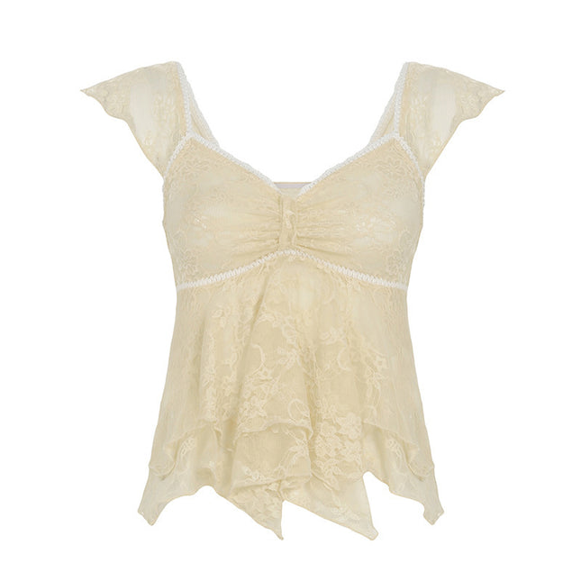 Pure Desire Style Lace Ruffled A Swing Top V-neck Sexy Slimming