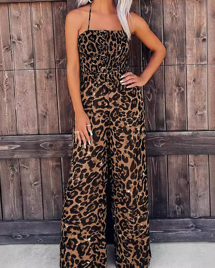 Women's Leopard Print Halter Backless Jumpsuit