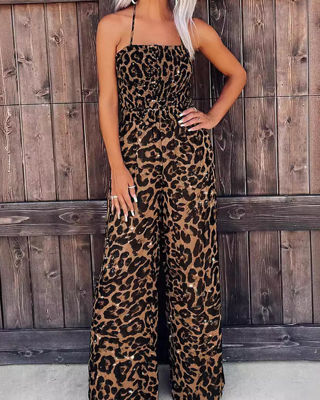 Women's Leopard Print Halter Backless Jumpsuit