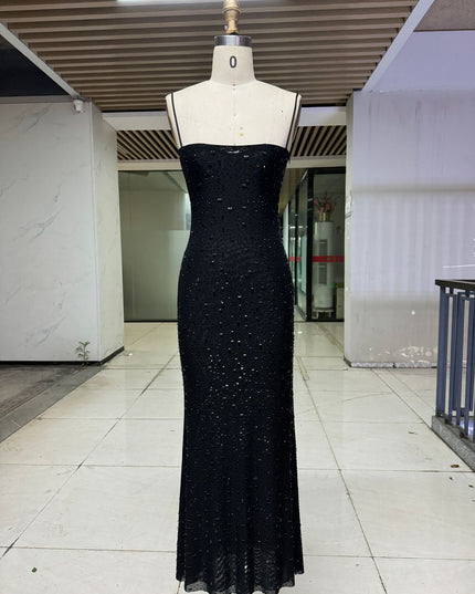 Elegant Nude & Black Sequin Spaghetti Strap Dress - High-End Luxury Slim Fit Long Dress For Parties, Birthdays & Special Occasions