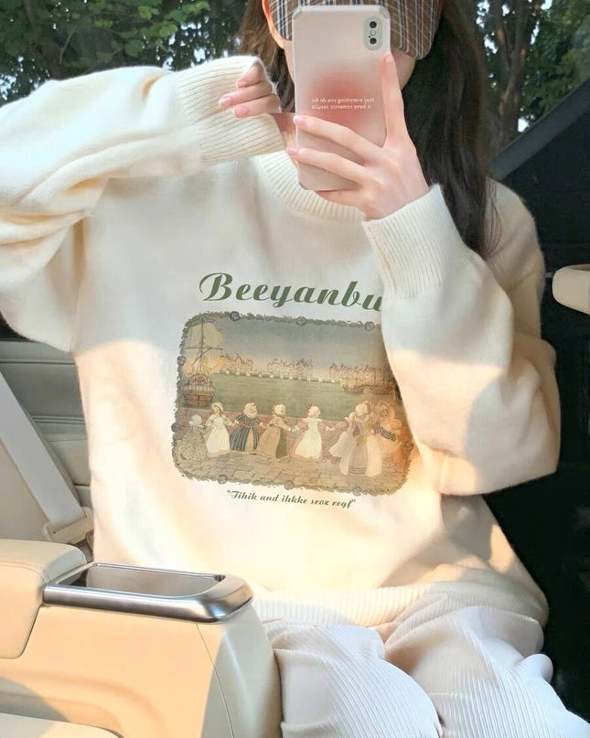 Retro Lazy Pullover Sweater Printed Women's Top