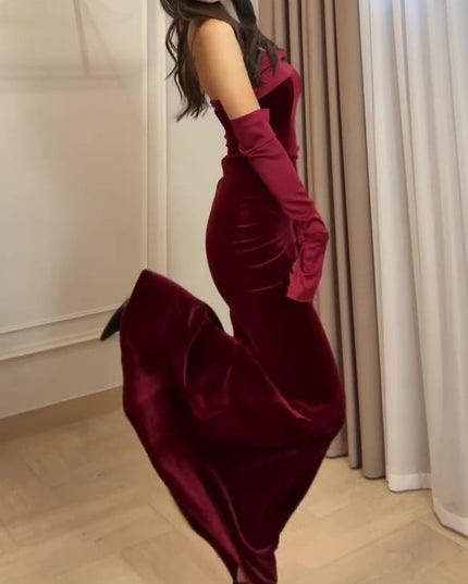 Burgundy Velvet Strapless Maxi Dress