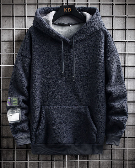 Men's Hooded Drawstring Pocket Lamb Wool Sweatshirt Velvet Padded Thickened Coat