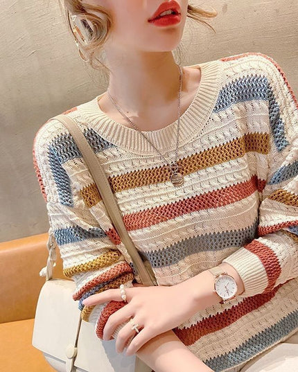 Loose Short Hollow Color Striped Sweater