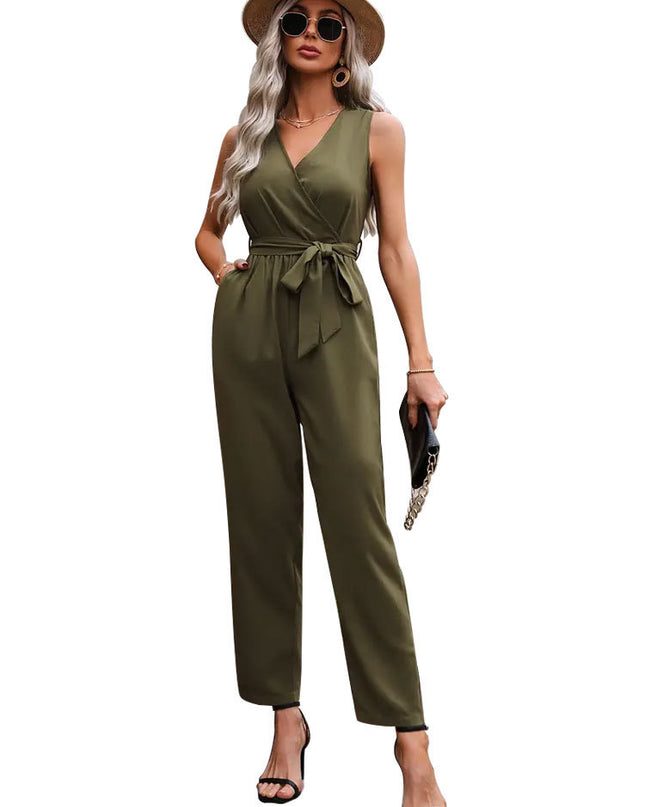 Elegant Commuter Sleeveless Cross Collar Waistline Lace-up Jumpsuit