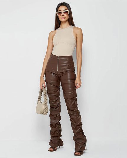 European And American Fashion Tight PU Leather Trousers Personalized Shrinkage Bootcut Trousers Women