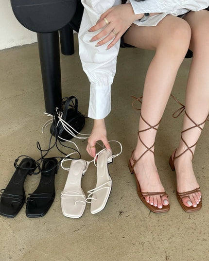 Roman Chunky Heel Sandals Summer New Korean Style Square Toe Hollow Out Strap Women's Mid-heel Shoes