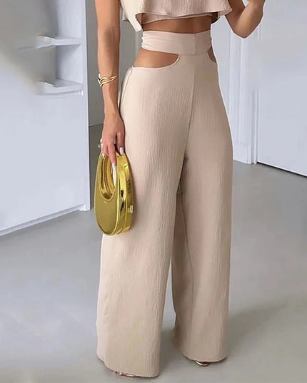 Cross-border Solid Color Sling Top Casual Hollow-out Trousers Suit