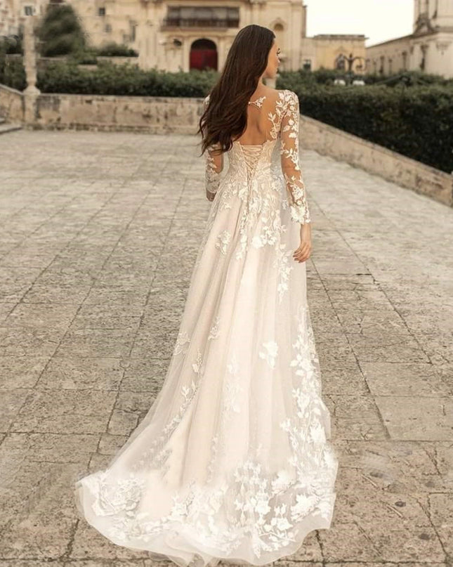Long Sleeve Wedding Dress Mori Style Bridal Simple Round Neck