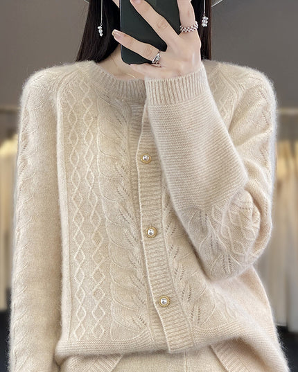 Round Neck Pure Wool Knit Cardigan Women's Long Sleeve Casual Simple