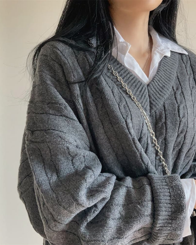 V-neck Mid-length Sweater Thick Long-sleeved Knitted Top