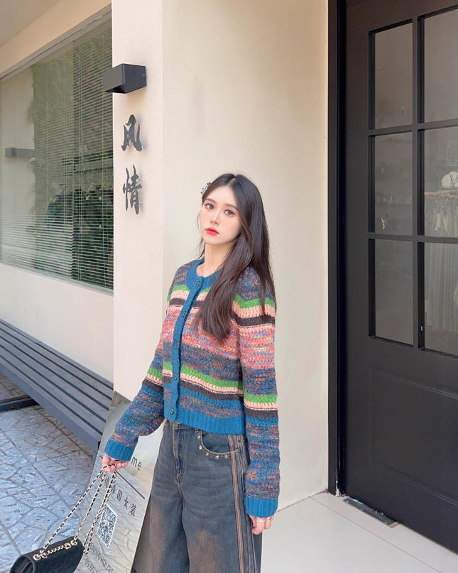 Women's Top Gradient Rainbow Striped Long-sleeve Cardigan Sweater
