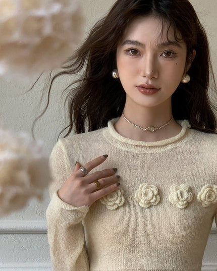 Micro Transparent Flower Sweater New Korean Version Elegant Round Neck Knitted Top
