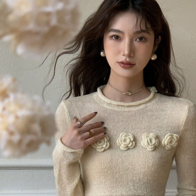 Micro Transparent Flower Sweater New Korean Version Elegant Round Neck Knitted Top