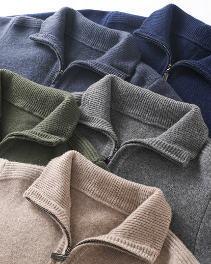 Double-strand Thickened 100 Pure Wool Knit Men's Pullover Lapel Zip-up Shirt
