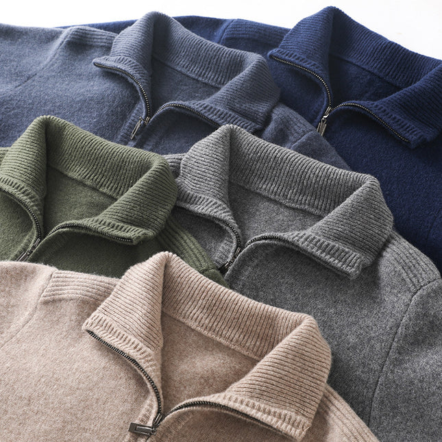 Double-strand Thickened 100 Pure Wool Knit Men's Pullover Lapel Zip-up Shirt