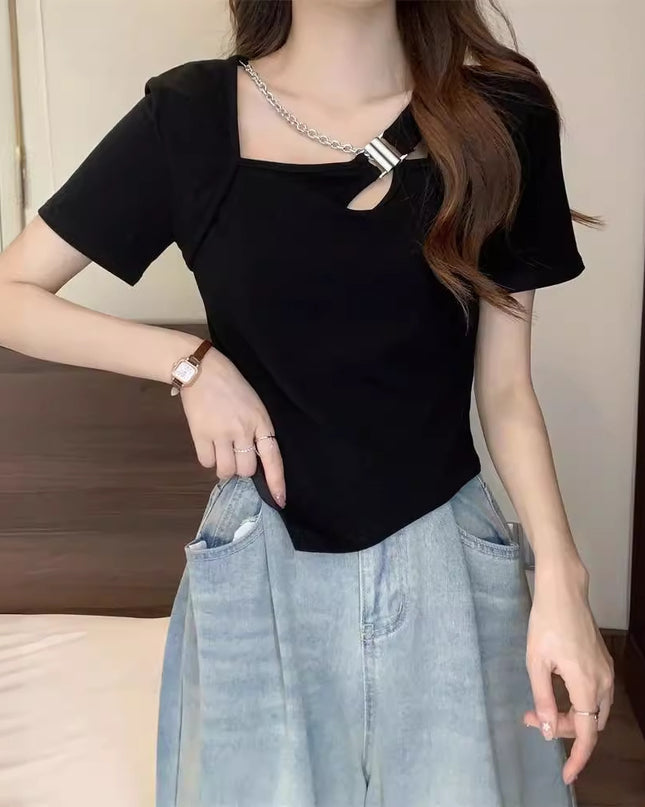 Slim Fit And Thin Cover Belly Hot Girl Irregular Short-sleeved T-shirt For Women