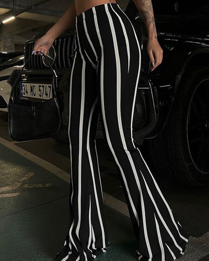 Striped Slightly Flared Black And White Contrast Casual Pants